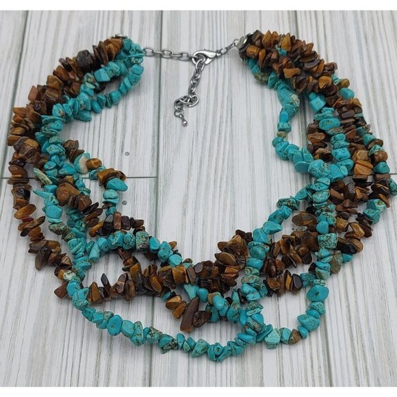 Artisan Boho Multi Strand Faux Turquoise & Tigers Eye Chip Stone Collar Necklace - Picture 7 of 7